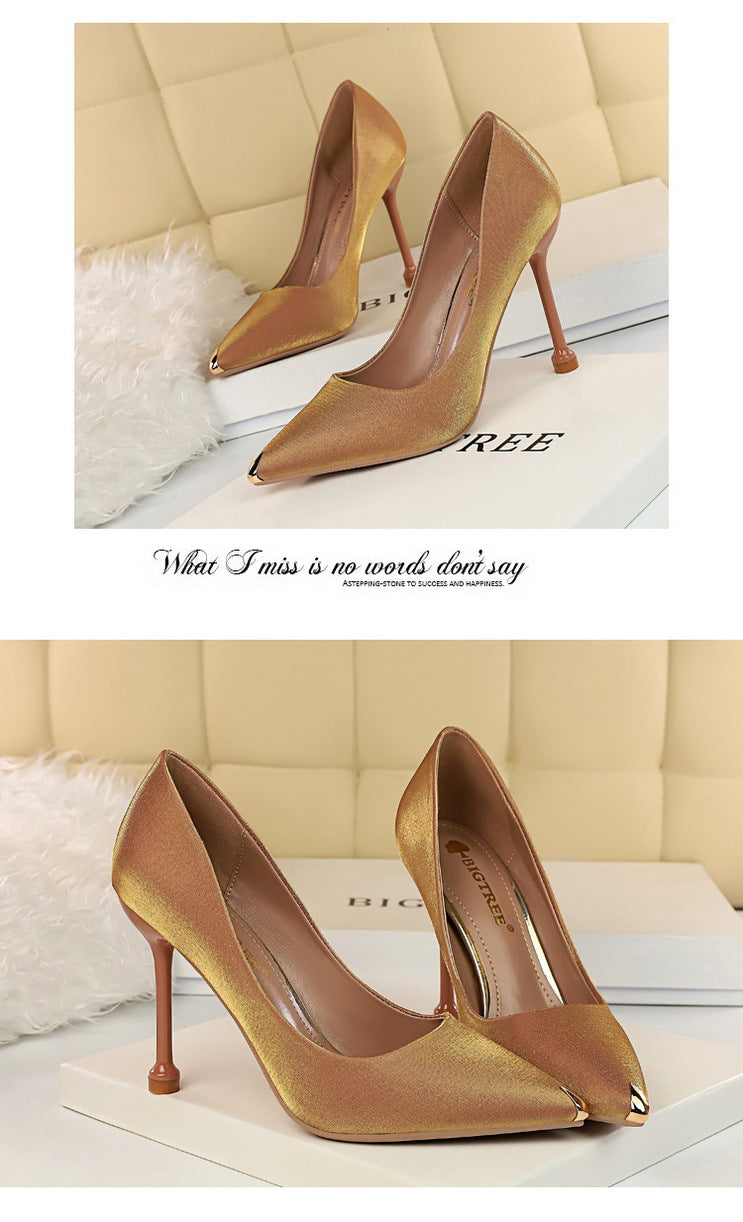 1823-1 European and American Style Fashion Party Women's Shoes Thin Heel High Heel Satin Shallow Mouth Metal Pointed Toe Sexy Slimming Single Shoes