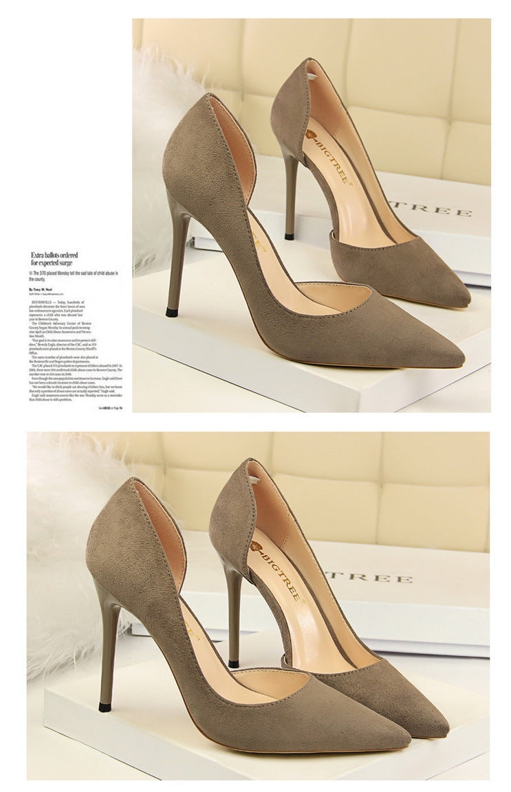 8918-2 European and American Style Simple Stiletto Ultra High Heel Suede Shallow Pointed Toe Sexy Nightclub Slimming Side Hollow Single Shoes