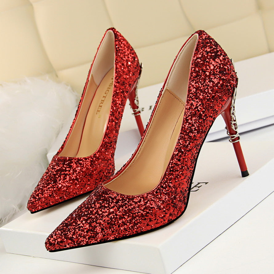 9219-12 European and American Style Fashion Sexy Nightclub Women's Shoes Metal Heel Stiletto High Heel Shallow Pointed Toe Sequin Pumps