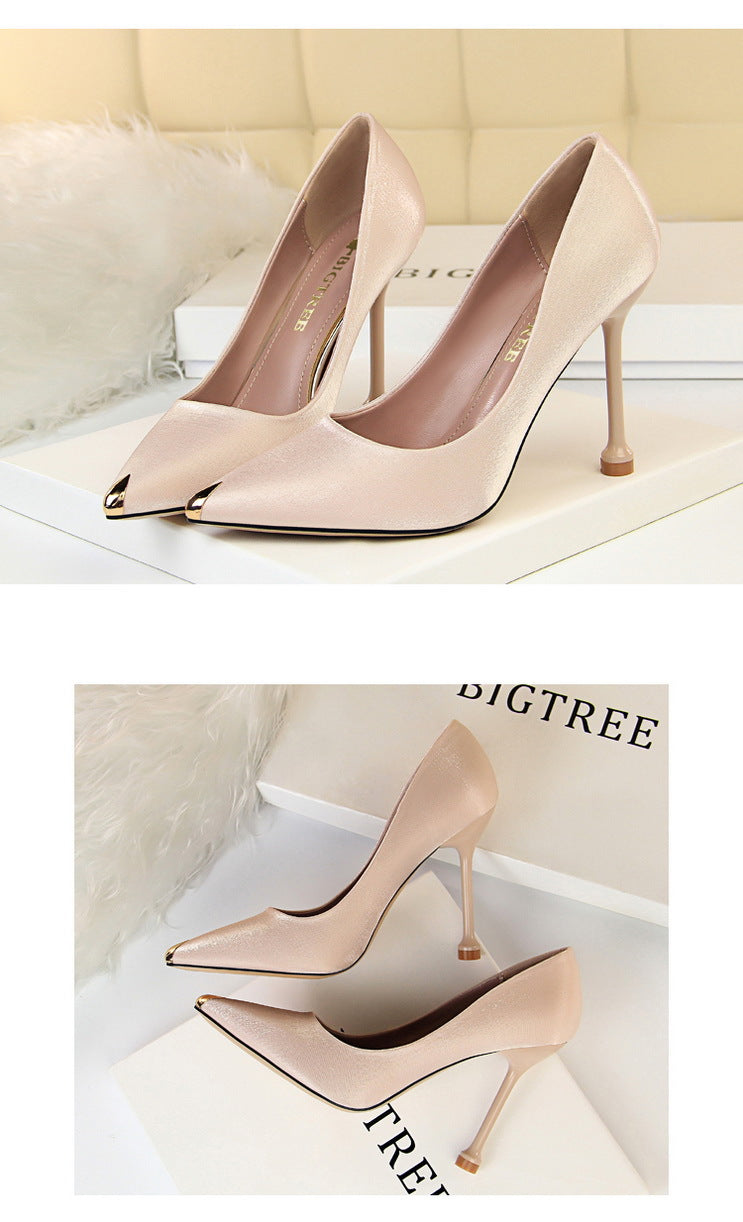 1823-1 European and American Style Fashion Party Women's Shoes Thin Heel High Heel Satin Shallow Mouth Metal Pointed Toe Sexy Slimming Single Shoes