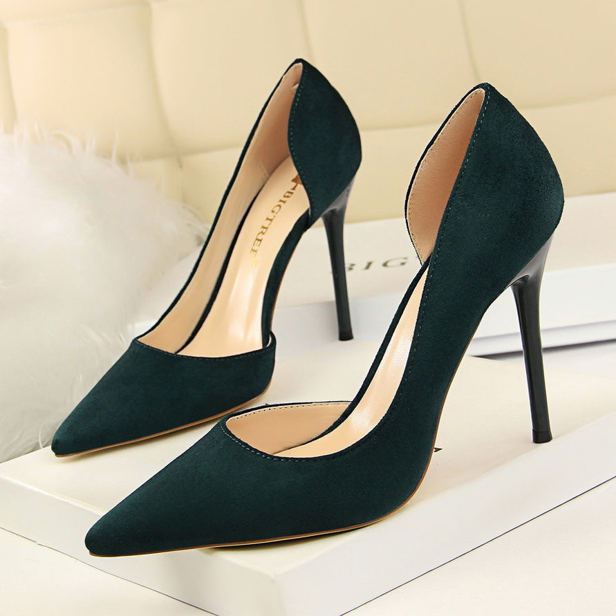 8918-2 European and American Style Simple Stiletto Ultra High Heel Suede Shallow Pointed Toe Sexy Nightclub Slimming Side Hollow Single Shoes