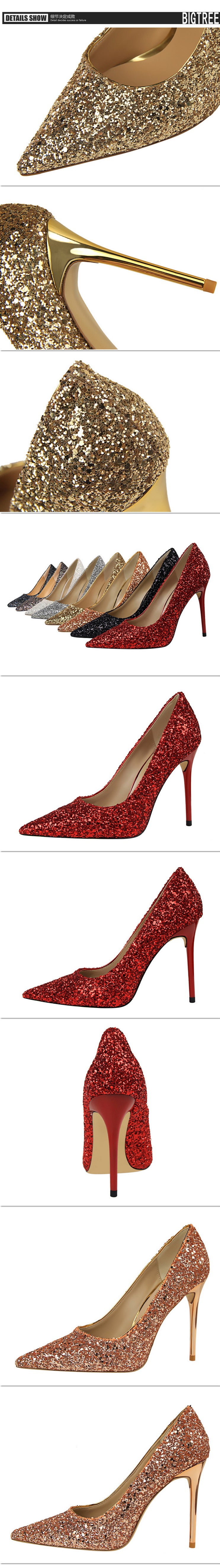 9219-1 European and American Style Women's Shoes High Heel Low-Cut Pointed Toe Sparkle Sequins Sexy Slimming Nightclub High Heels Pumps