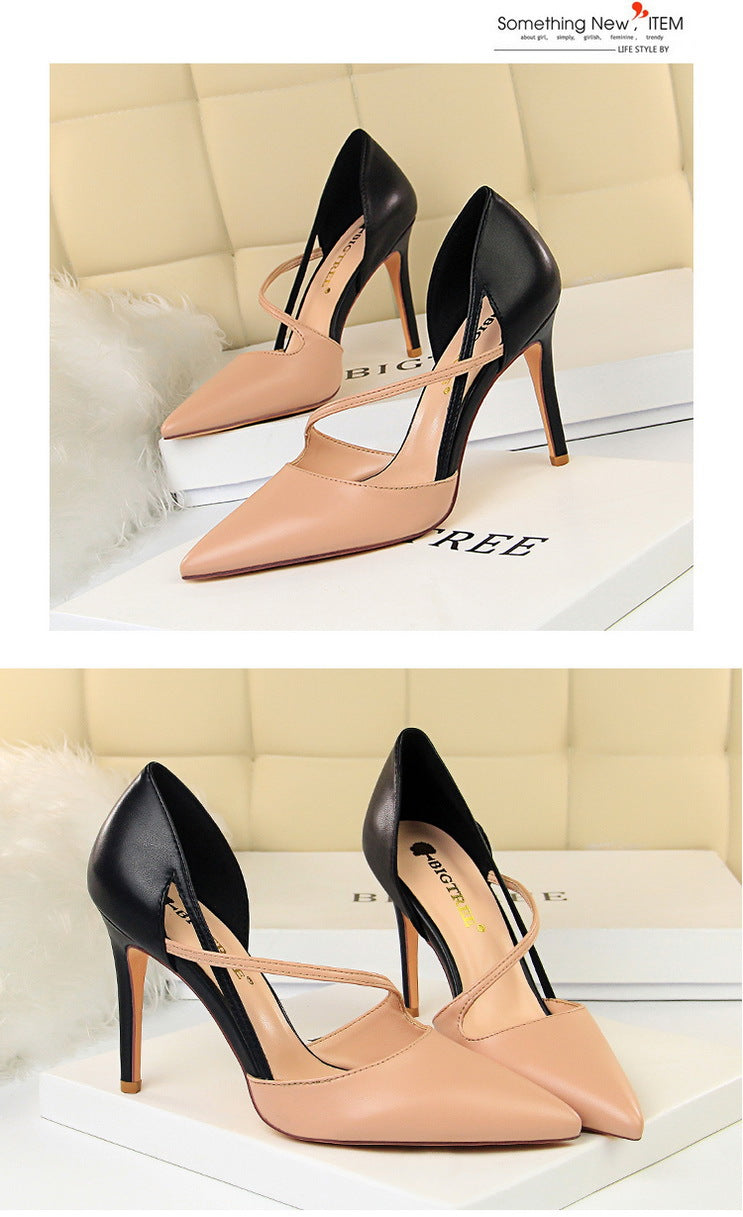 830-2 Korean Style Fashion Sweet High Heels Women's High Heel Shallow Mouth Pointed Toe Color Block Hollow Strap Slimming Single Shoes