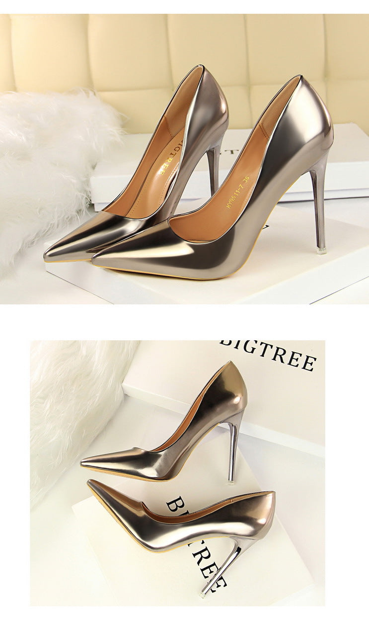 9511-7 European and American Style Fashionable Metal Heel High Heels Women's Shoes High Heel Low-Cut Pointed Toe Sexy Nightclubs Thinner Pumps