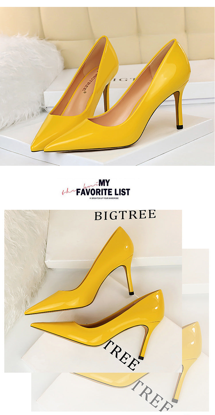 272-2 European and American Simple High Heels Shiny Patent Leather Shallow Pointed Toe Sexy Slimming Professional OL High Heels Women's Single Shoes