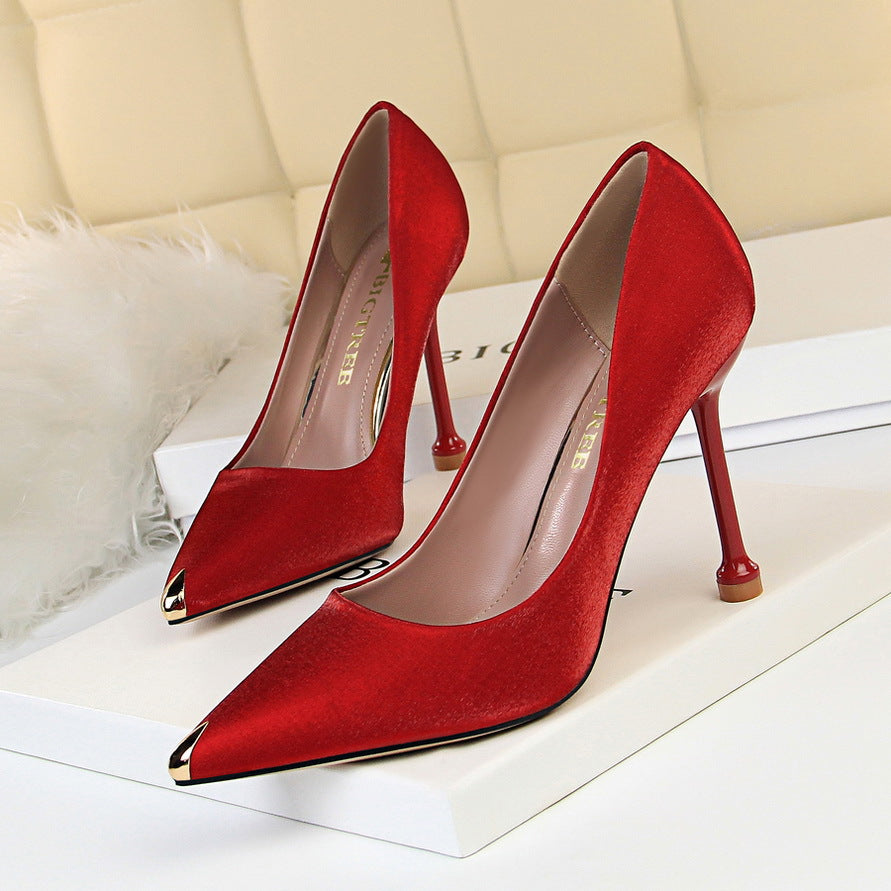 1823-1 European and American Style Fashion Party Women's Shoes Thin Heel High Heel Satin Shallow Mouth Metal Pointed Toe Sexy Slimming Single Shoes