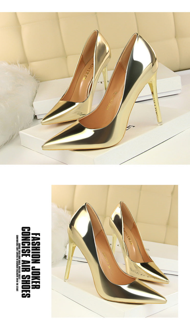 9511-7 European and American Style Fashionable Metal Heel High Heels Women's Shoes High Heel Low-Cut Pointed Toe Sexy Nightclubs Thinner Pumps