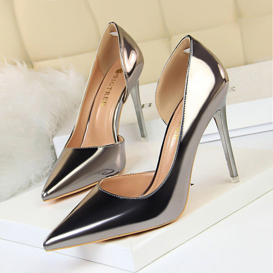 18188-1 European and American Style High Heels Simple Thin Heel Metal Very High Very Shallow Mouth Pointed Toe Side Hollow Sexy Single Shoes