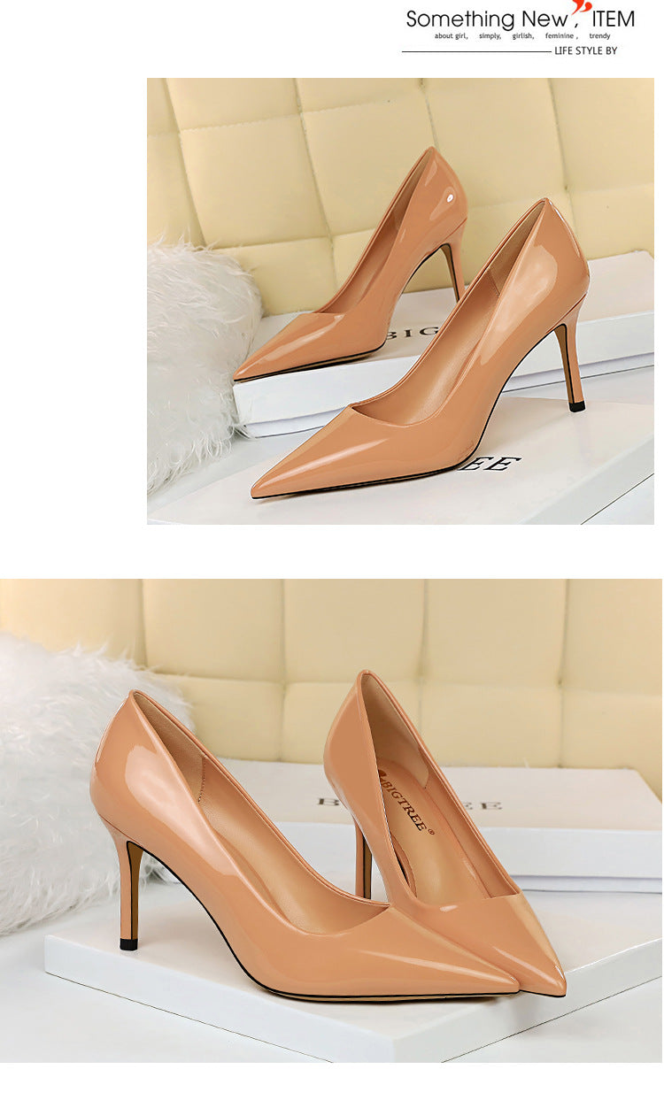 272-2 European and American Simple High Heels Shiny Patent Leather Shallow Pointed Toe Sexy Slimming Professional OL High Heels Women's Single Shoes