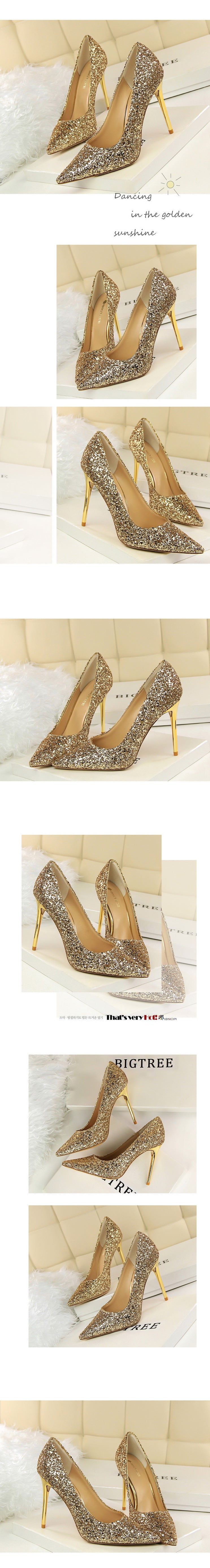 9219-1 European and American Style Women's Shoes High Heel Low-Cut Pointed Toe Sparkle Sequins Sexy Slimming Nightclub High Heels Pumps