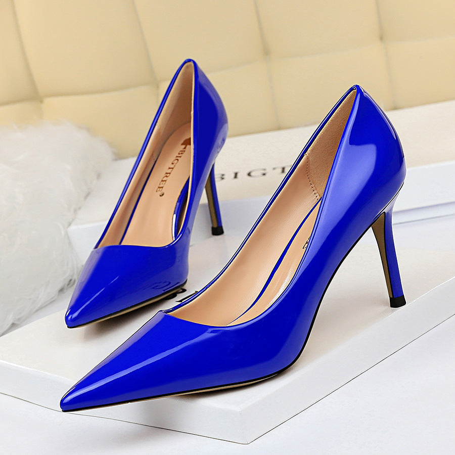 272-2 European and American Simple High Heels Shiny Patent Leather Shallow Pointed Toe Sexy Slimming Professional OL High Heels Women's Single Shoes