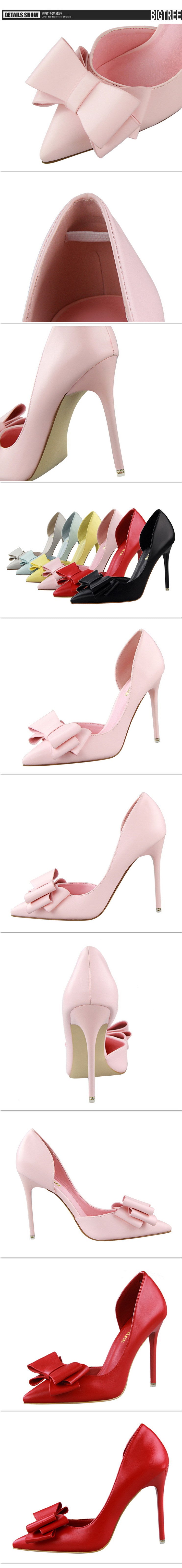 3168-2 Korean Style Fashionable Sweet Bowknot High Heels Stiletto Heel Shallow Mouth Pointed Toe Side Hollow out Pumps