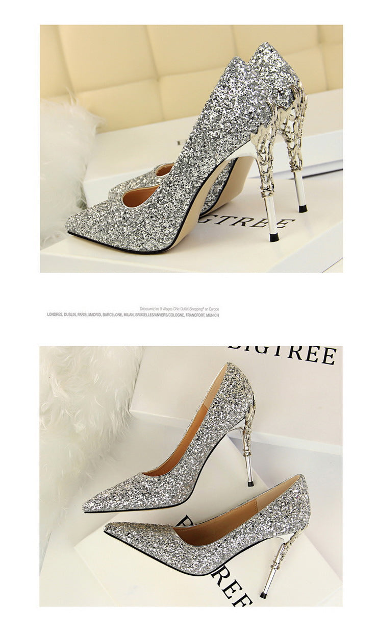 9219-12 European and American Style Fashion Sexy Nightclub Women's Shoes Metal Heel Stiletto High Heel Shallow Pointed Toe Sequin Pumps