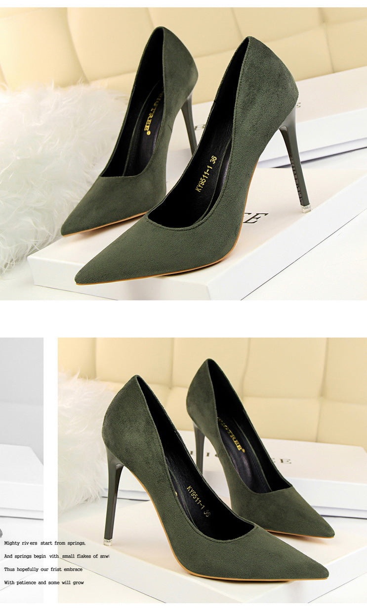 9511-1 European and American Style Fashion Simple Stylet Ultra High Heel Shallow Pointed Toe Suede Slim Sexy Nightclub Women's Shoes