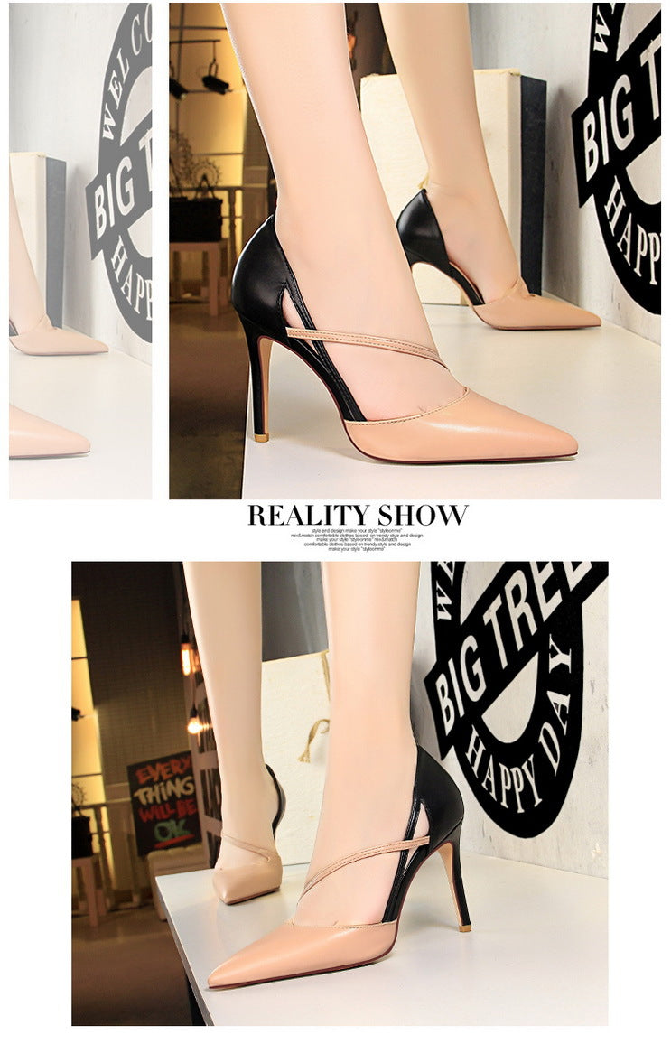 830-2 Korean Style Fashion Sweet High Heels Women's High Heel Shallow Mouth Pointed Toe Color Block Hollow Strap Slimming Single Shoes