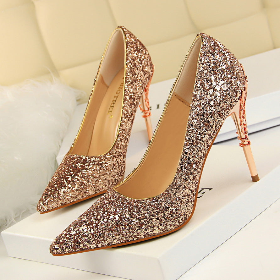 9219-12 European and American Style Fashion Sexy Nightclub Women's Shoes Metal Heel Stiletto High Heel Shallow Pointed Toe Sequin Pumps