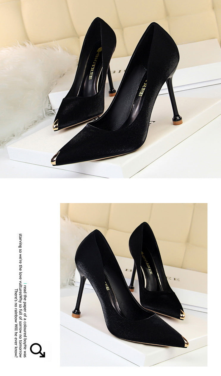 1823-1 European and American Style Fashion Party Women's Shoes Thin Heel High Heel Satin Shallow Mouth Metal Pointed Toe Sexy Slimming Single Shoes