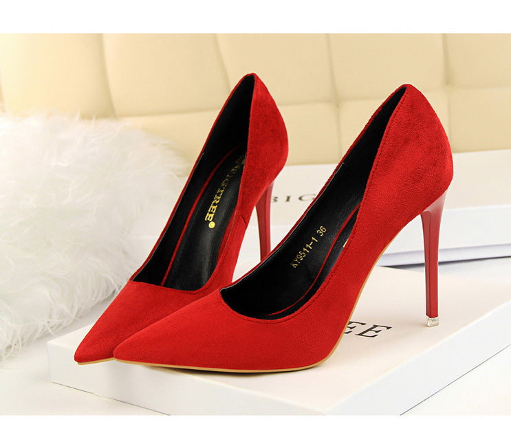 9511-1 European and American Style Fashion Simple Stylet Ultra High Heel Shallow Pointed Toe Suede Slim Sexy Nightclub Women's Shoes