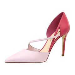 830-2 Korean Style Fashion Sweet High Heels Women's High Heel Shallow Mouth Pointed Toe Color Block Hollow Strap Slimming Single Shoes