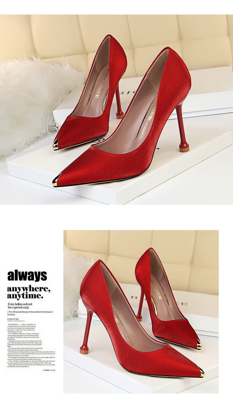 1823-1 European and American Style Fashion Party Women's Shoes Thin Heel High Heel Satin Shallow Mouth Metal Pointed Toe Sexy Slimming Single Shoes