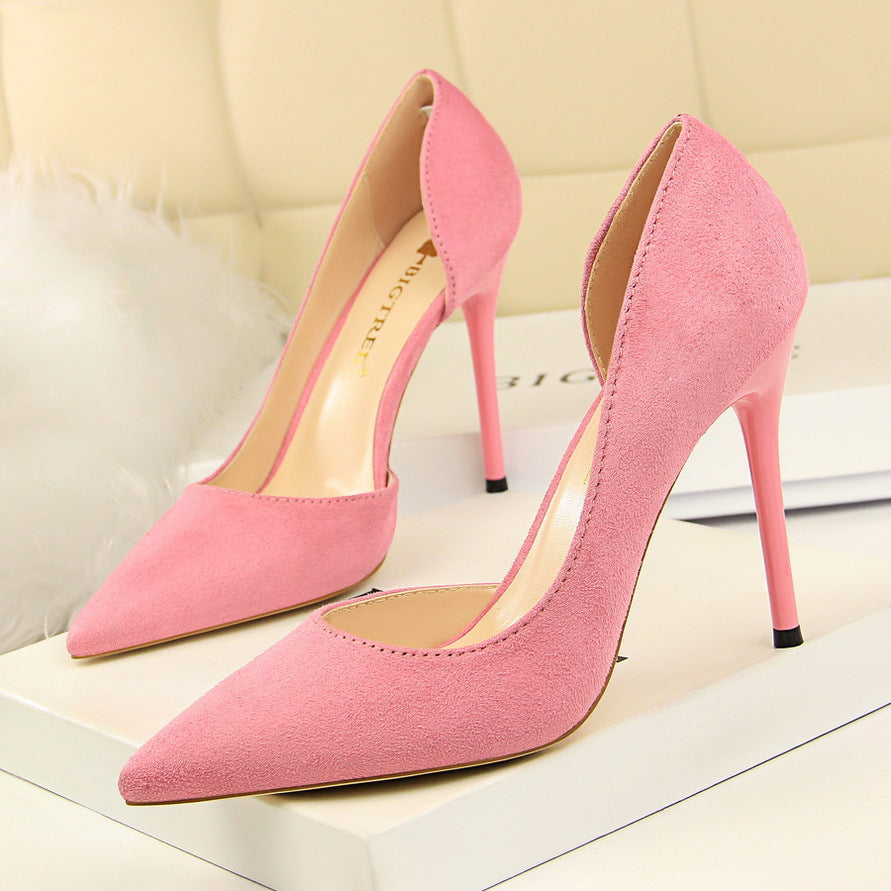 8918-2 European and American Style Simple Stiletto Ultra High Heel Suede Shallow Pointed Toe Sexy Nightclub Slimming Side Hollow Single Shoes