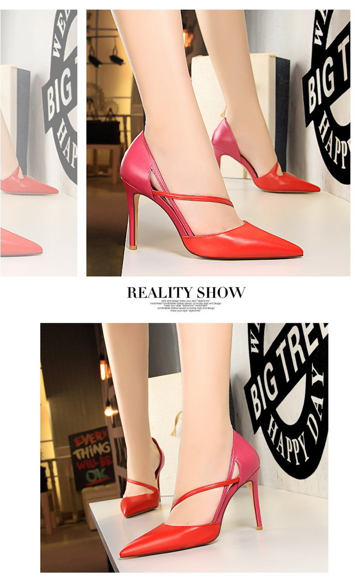 830-2 Korean Style Fashion Sweet High Heels Women's High Heel Shallow Mouth Pointed Toe Color Block Hollow Strap Slimming Single Shoes