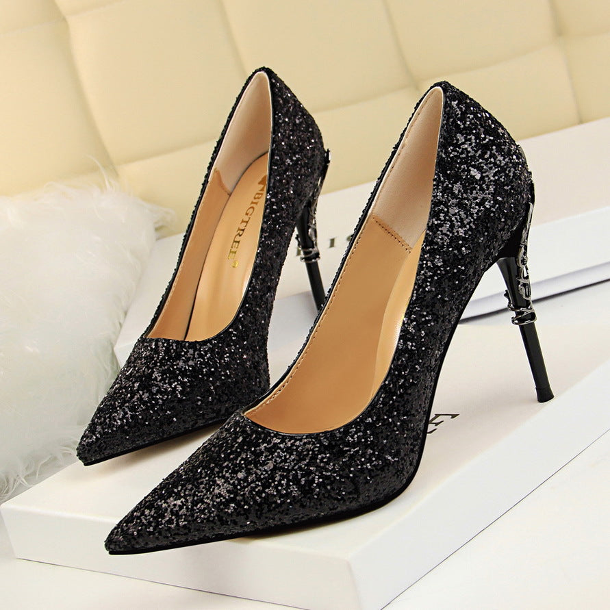 9219-12 European and American Style Fashion Sexy Nightclub Women's Shoes Metal Heel Stiletto High Heel Shallow Pointed Toe Sequin Pumps