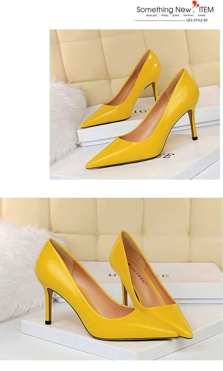 272-2 European and American Simple High Heels Shiny Patent Leather Shallow Pointed Toe Sexy Slimming Professional OL High Heels Women's Single Shoes