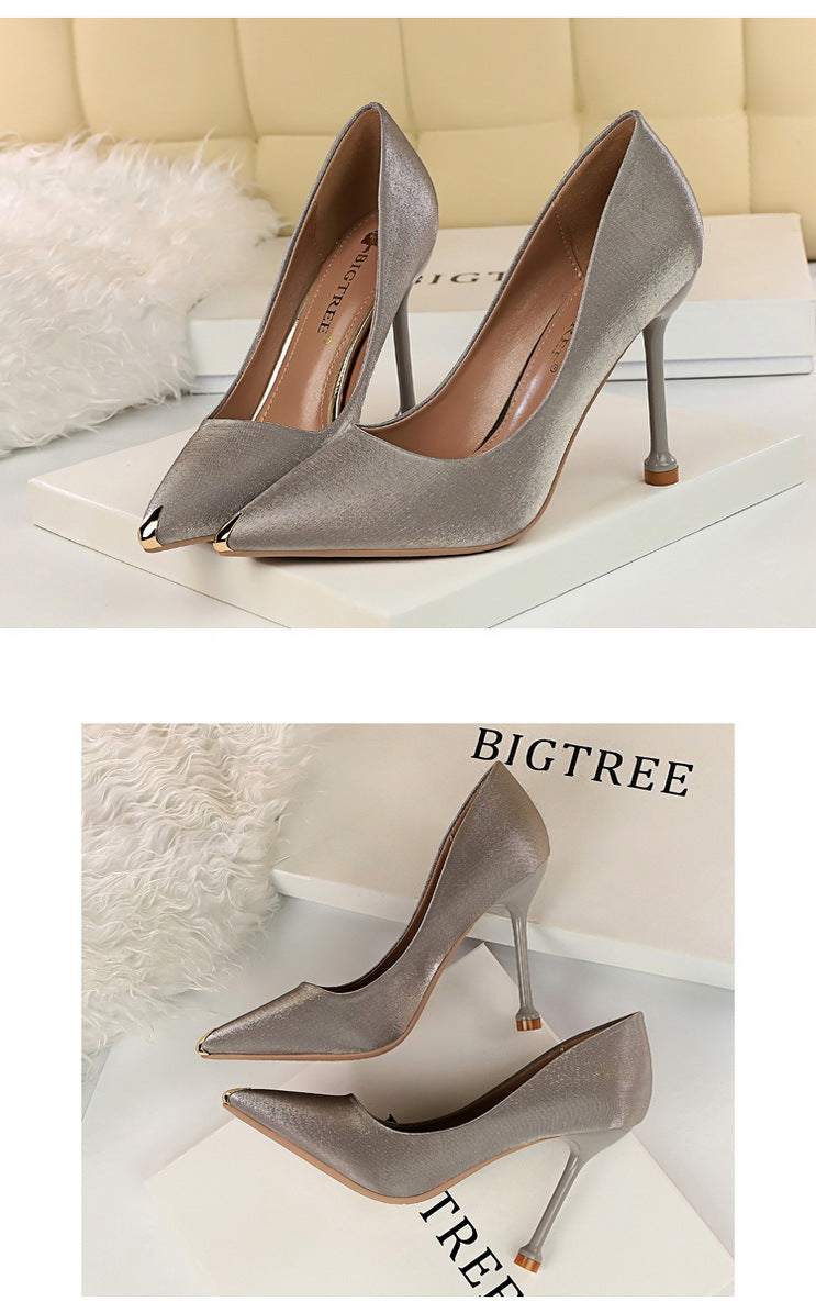 1823-1 European and American Style Fashion Party Women's Shoes Thin Heel High Heel Satin Shallow Mouth Metal Pointed Toe Sexy Slimming Single Shoes