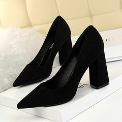 828-2 European and American Style Simple Chunky Heel High Heel Suede Shallow Pointed Toe Professional OL Slimming Women's Shoes High Heels Single Shoes