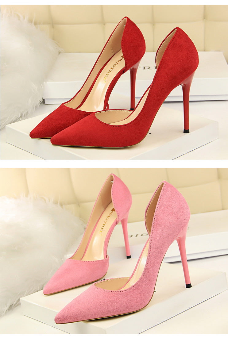 8918-2 European and American Style Simple Stiletto Ultra High Heel Suede Shallow Pointed Toe Sexy Nightclub Slimming Side Hollow Single Shoes