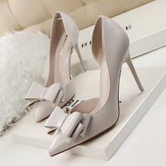 3168-2 Korean Style Fashionable Sweet Bowknot High Heels Stiletto Heel Shallow Mouth Pointed Toe Side Hollow out Pumps