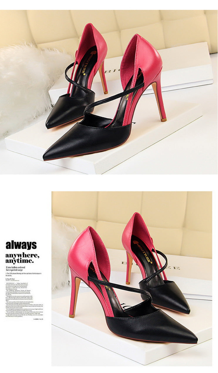 830-2 Korean Style Fashion Sweet High Heels Women's High Heel Shallow Mouth Pointed Toe Color Block Hollow Strap Slimming Single Shoes