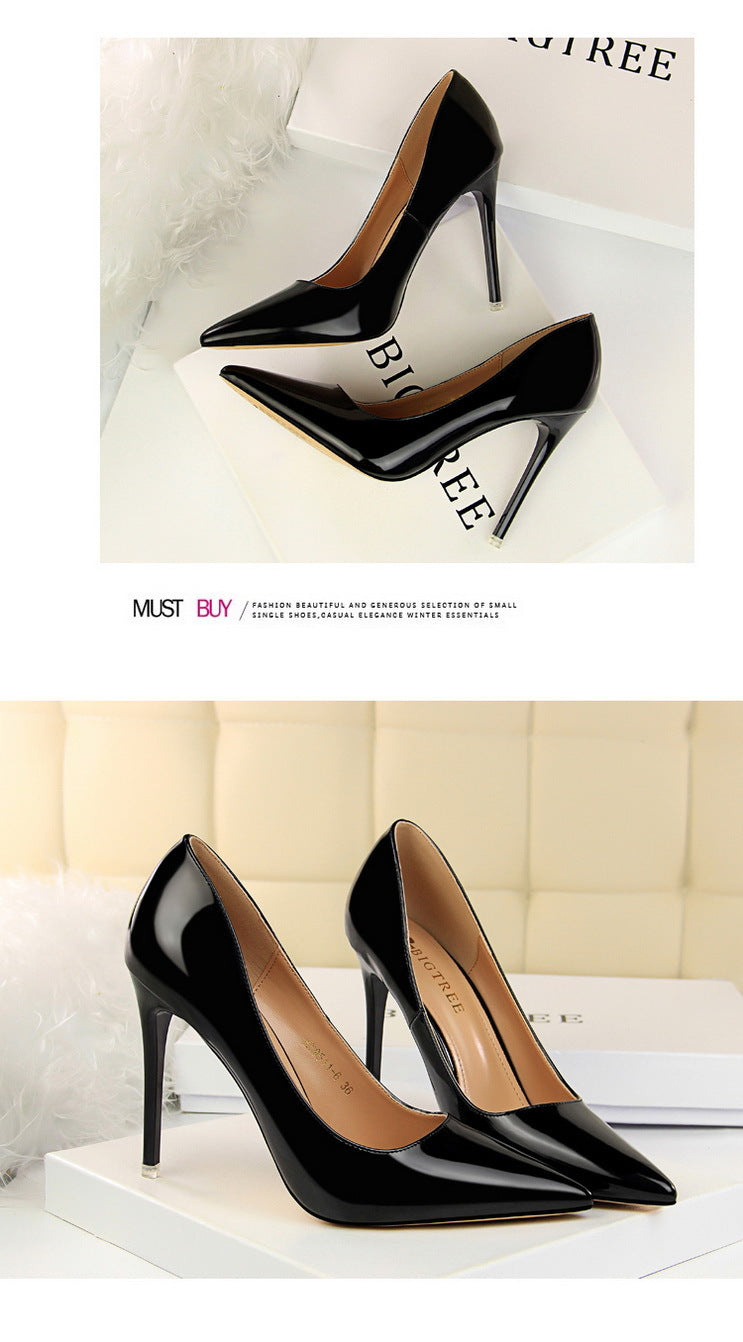 9511-6 European and American Style Fashion Simple Stiletto Ultra High Heel Patent Leather Shallow Pointed Toe Sexy Nightclub Slimming Women's Single Shoes