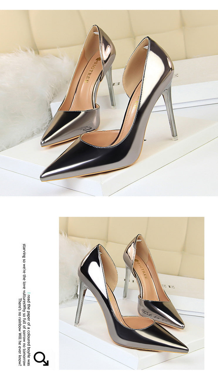 18188-1 European and American Style High Heels Simple Thin Heel Metal Very High Very Shallow Mouth Pointed Toe Side Hollow Sexy Single Shoes