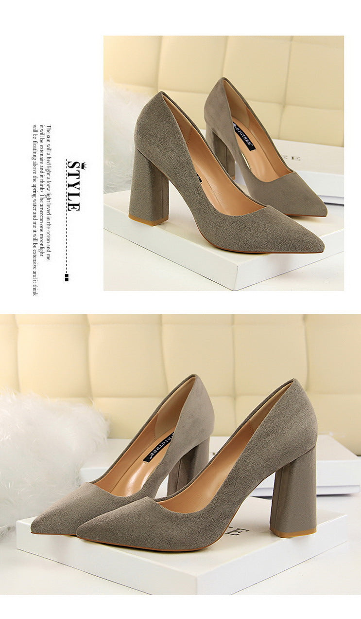 828-2 European and American Style Simple Chunky Heel High Heel Suede Shallow Pointed Toe Professional OL Slimming Women's Shoes High Heels Single Shoes