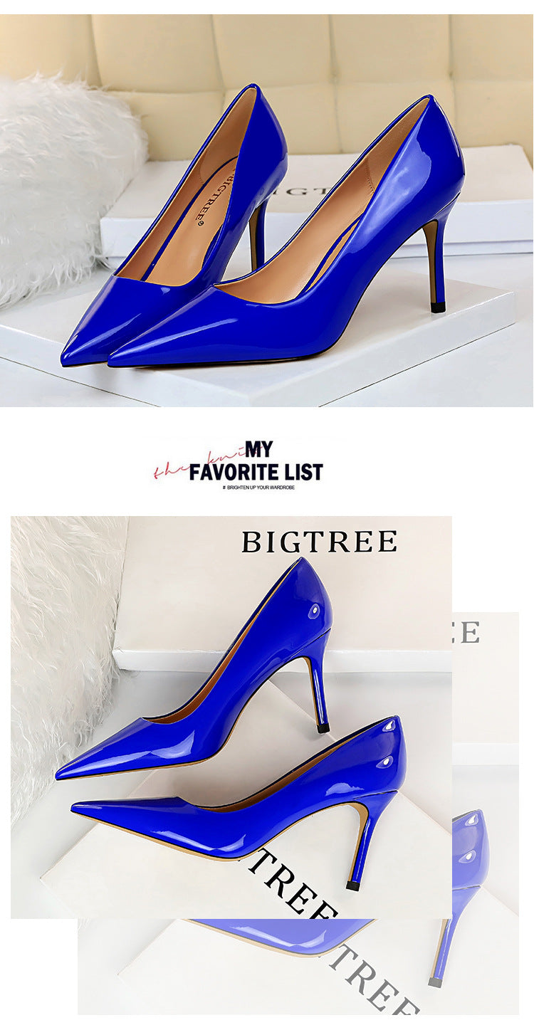 272-2 European and American Simple High Heels Shiny Patent Leather Shallow Pointed Toe Sexy Slimming Professional OL High Heels Women's Single Shoes