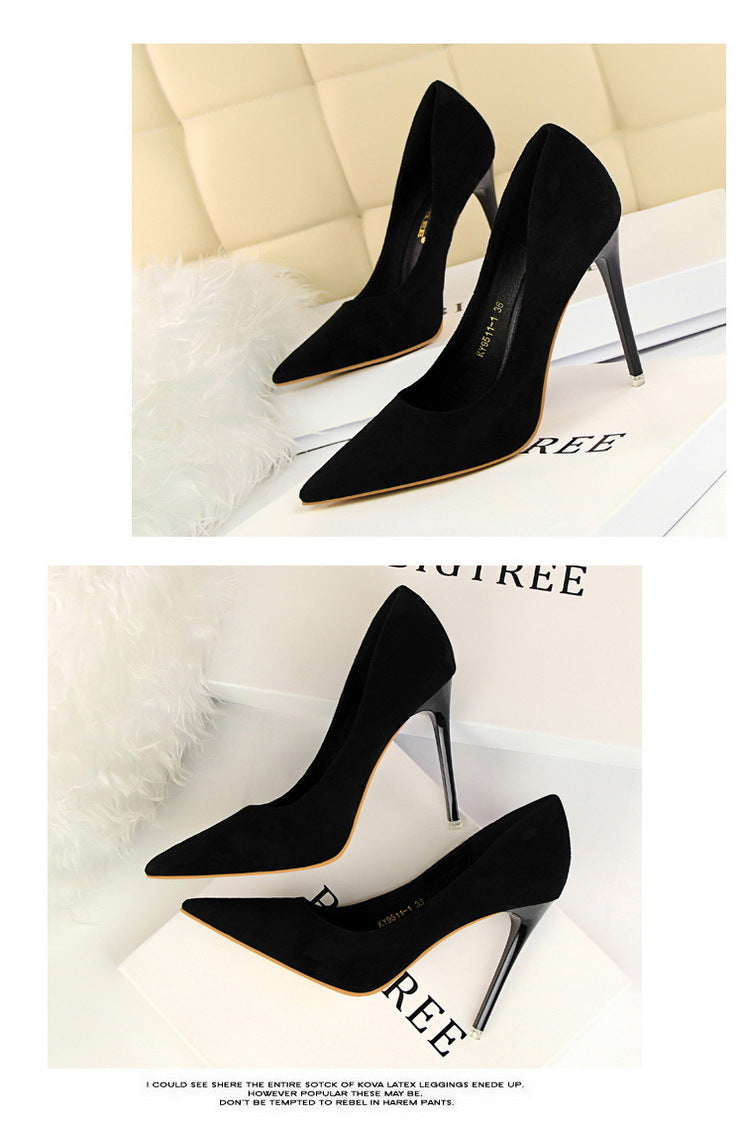 9511-1 European and American Style Fashion Simple Stylet Ultra High Heel Shallow Pointed Toe Suede Slim Sexy Nightclub Women's Shoes