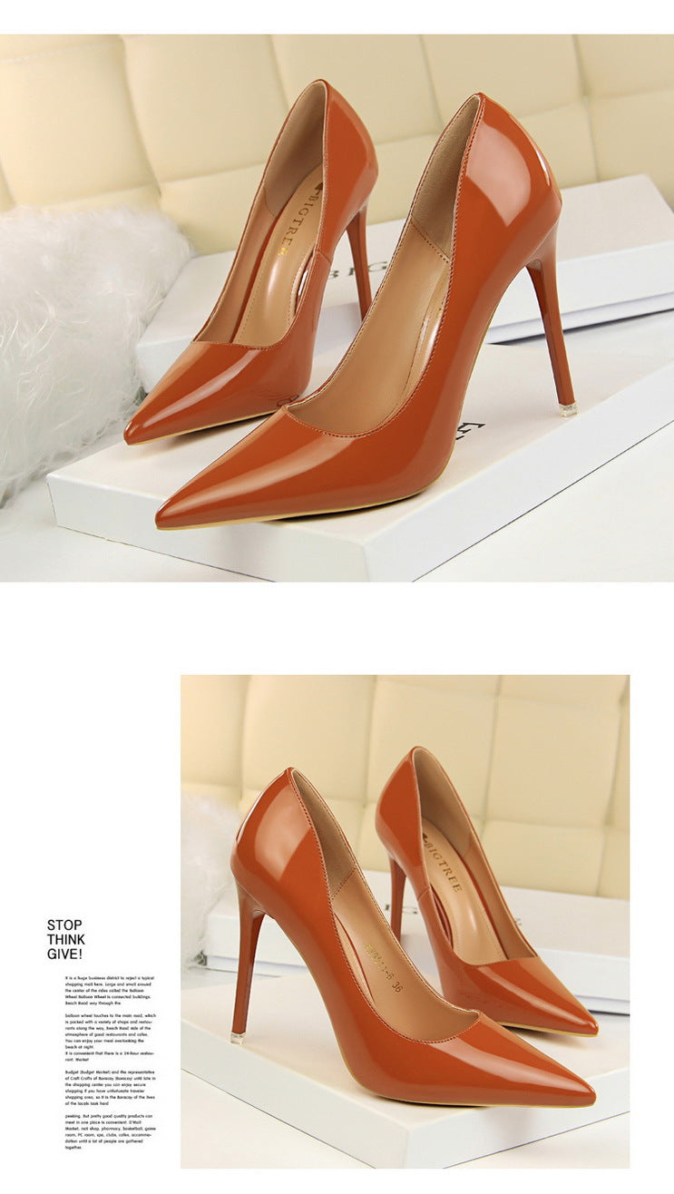 9511-6 European and American Style Fashion Simple Stiletto Ultra High Heel Patent Leather Shallow Pointed Toe Sexy Nightclub Slimming Women's Single Shoes