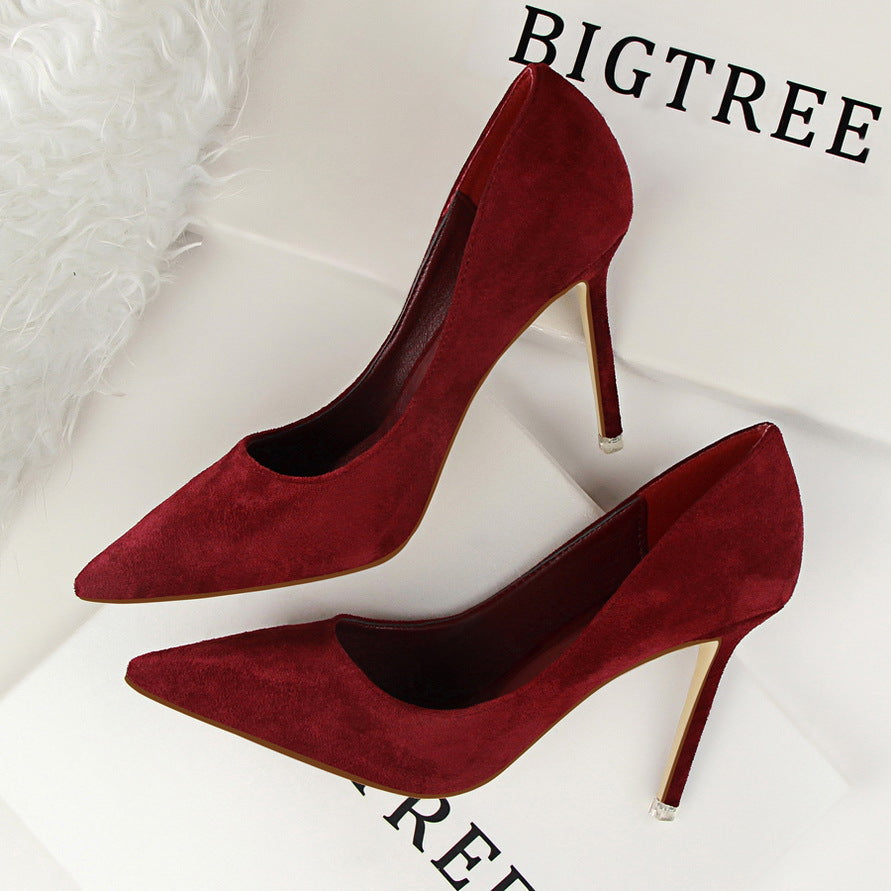 516-1 Korean Style Fashion Simple Stiletto High Heels Shallow Pointed Toe Suede Sexy Slimming Professional OL Women's Single Shoes