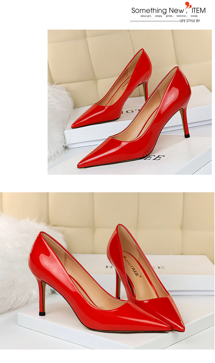 272-2 European and American Simple High Heels Shiny Patent Leather Shallow Pointed Toe Sexy Slimming Professional OL High Heels Women's Single Shoes