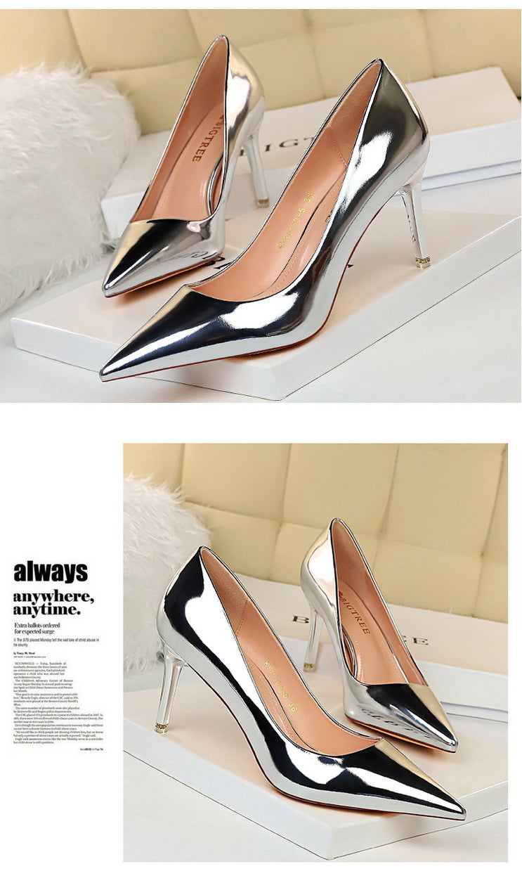 9511-A7 European and American Fashion Sexy Metal Heel High Heel Shallow Pointed Toe Nightclub Slimming High Heels Women's Shoes Single Shoes