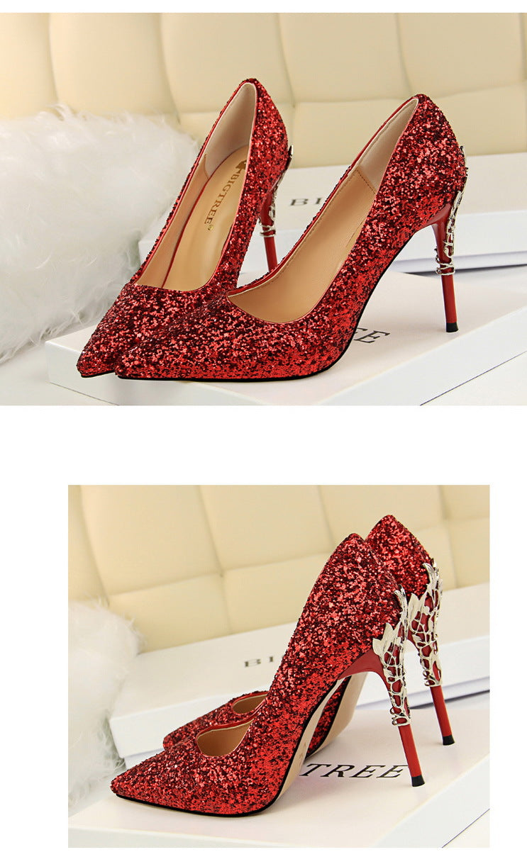 9219-12 European and American Style Fashion Sexy Nightclub Women's Shoes Metal Heel Stiletto High Heel Shallow Pointed Toe Sequin Pumps