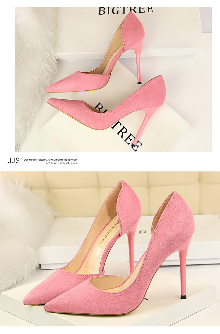 8918-2 European and American Style Simple Stiletto Ultra High Heel Suede Shallow Pointed Toe Sexy Nightclub Slimming Side Hollow Single Shoes