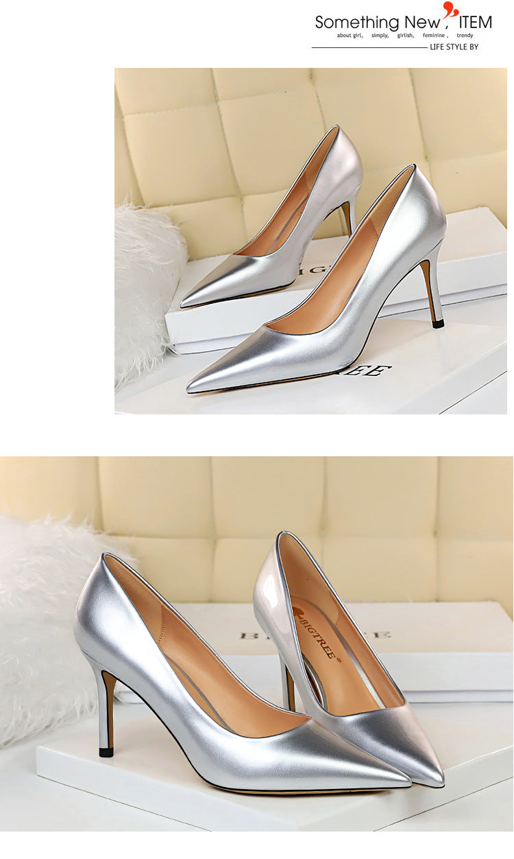 272-2 European and American Simple High Heels Shiny Patent Leather Shallow Pointed Toe Sexy Slimming Professional OL High Heels Women's Single Shoes