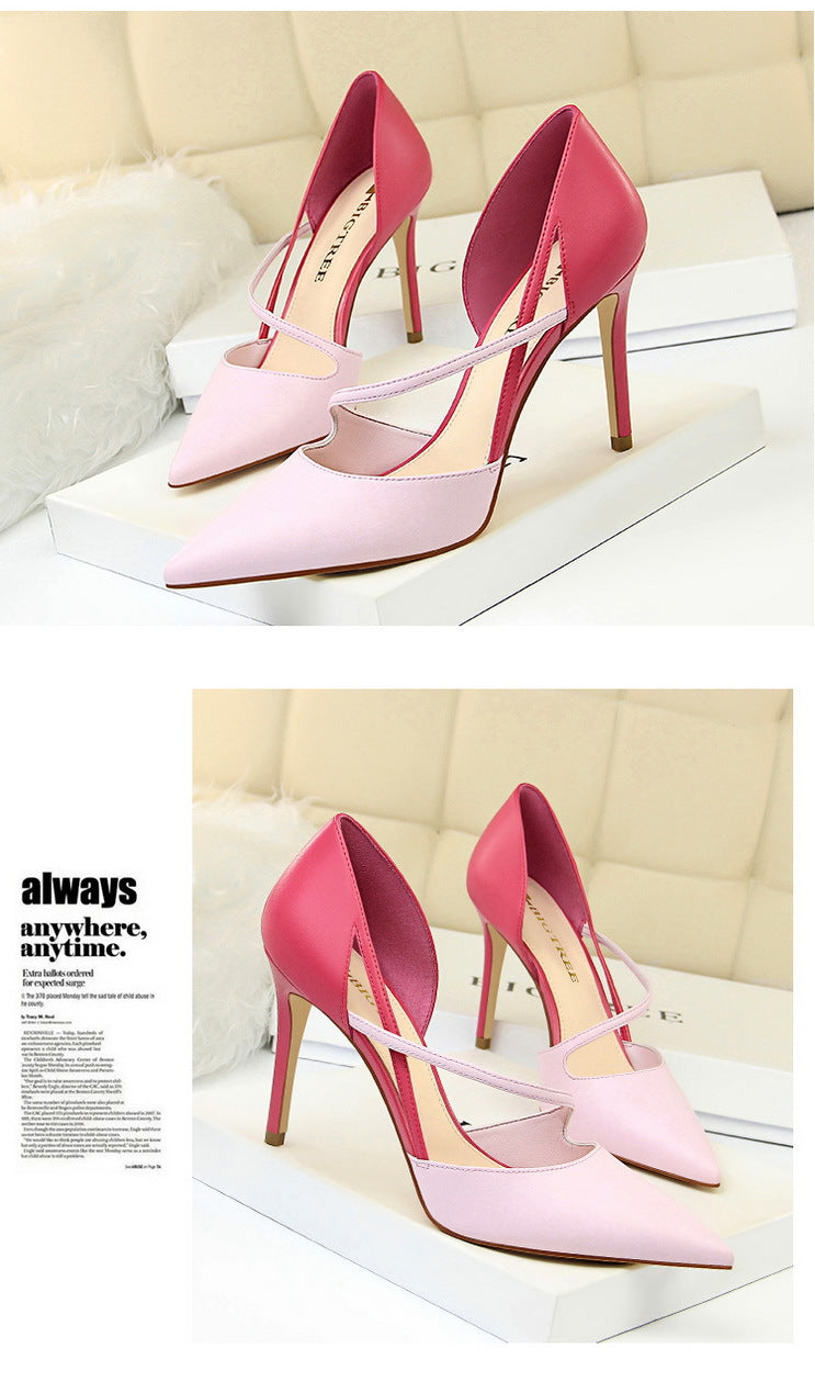 830-2 Korean Style Fashion Sweet High Heels Women's High Heel Shallow Mouth Pointed Toe Color Block Hollow Strap Slimming Single Shoes