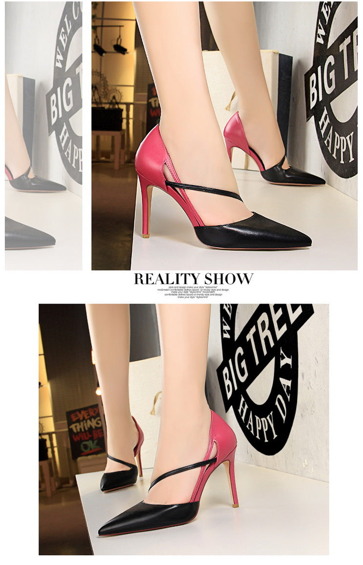 830-2 Korean Style Fashion Sweet High Heels Women's High Heel Shallow Mouth Pointed Toe Color Block Hollow Strap Slimming Single Shoes