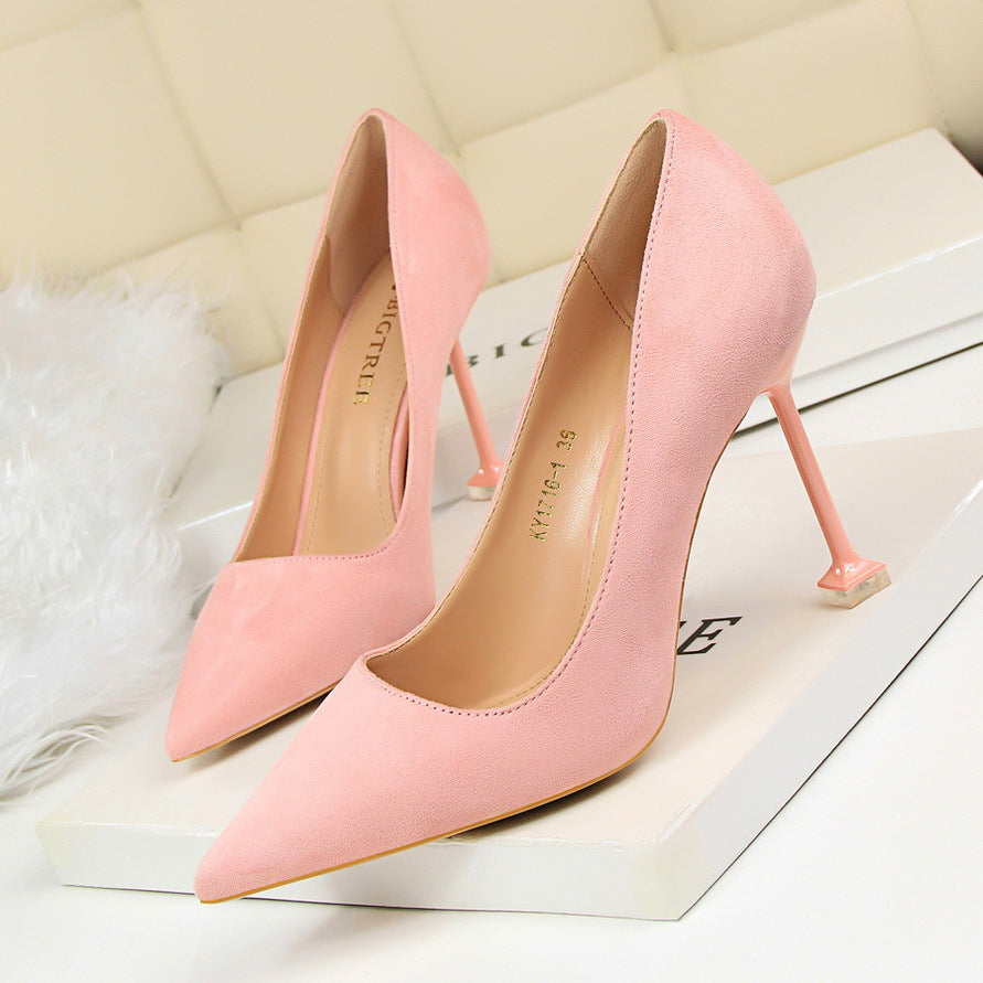 1716-1 Korean Style Fashion Sexy Slimming High Heels Women's Shoes Thin Heel High Heel Suede Shallow Pointed Toe Single Shoes