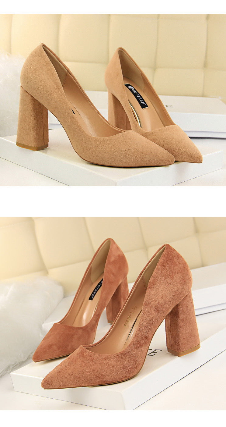 828-2 European and American Style Simple Chunky Heel High Heel Suede Shallow Pointed Toe Professional OL Slimming Women's Shoes High Heels Single Shoes