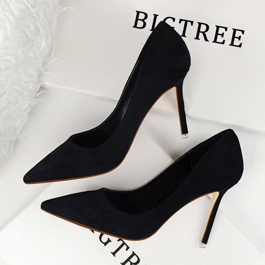 516-1 Korean Style Fashion Simple Stiletto High Heels Shallow Pointed Toe Suede Sexy Slimming Professional OL Women's Single Shoes